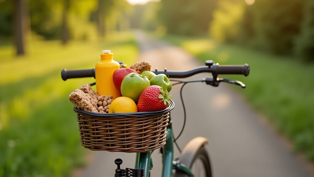 Gezonde snacks in een fietsmand: noten, fruit en water