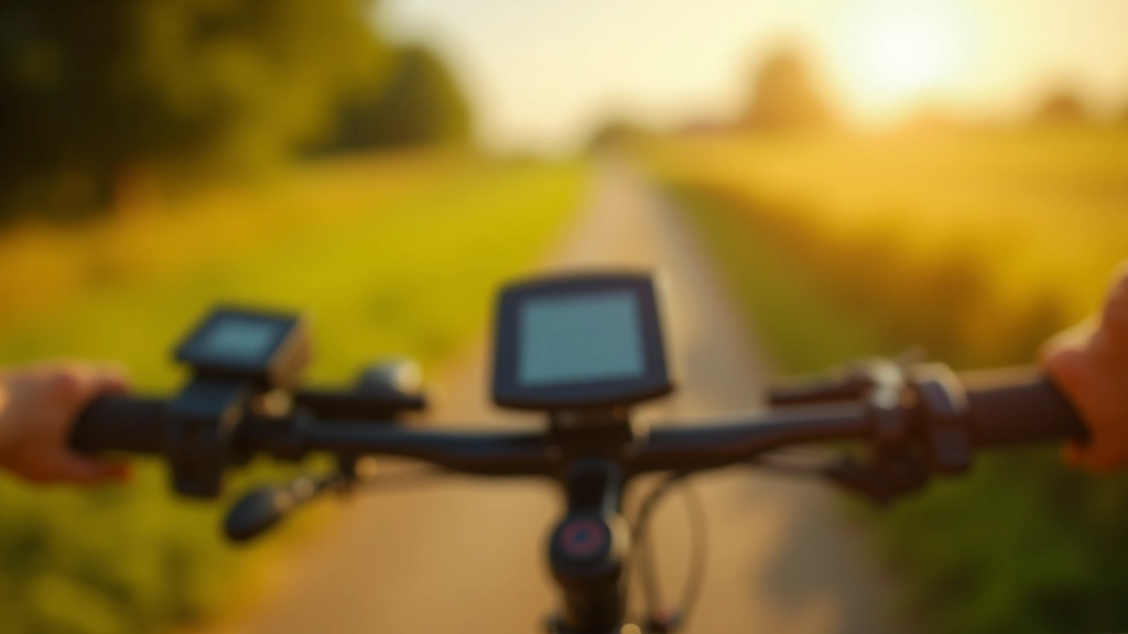 Close-up van een fietscomputer op het stuur, zonnig licht, unscherpe achtergrond met polderlandschap