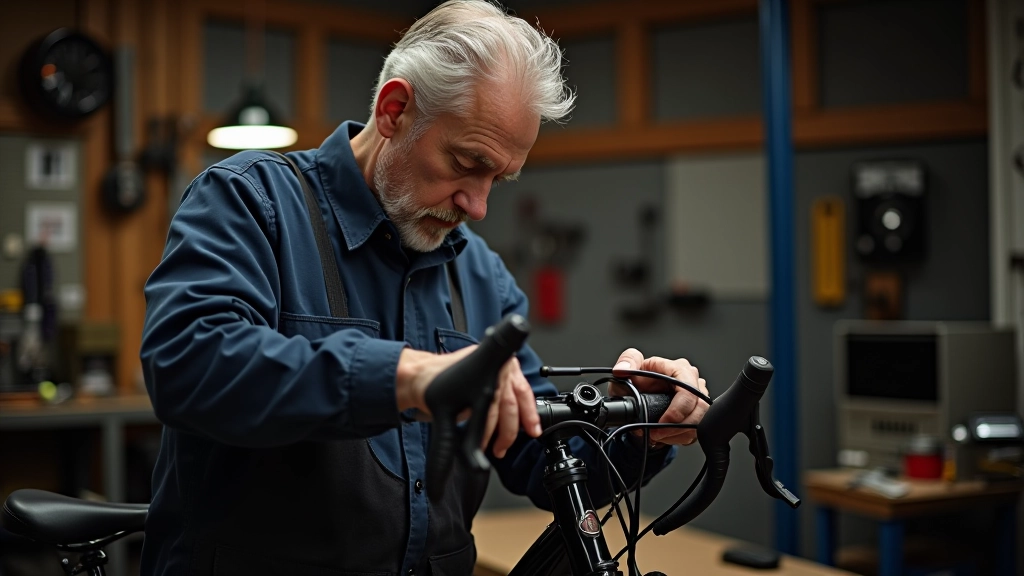 Fietsenmaker die aan een fiets werkt in zijn werkplaats