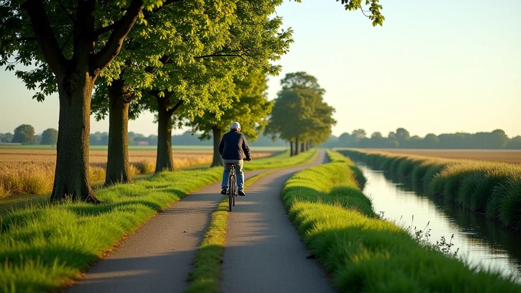 Fietspad langs water met bomen en polderlandschap