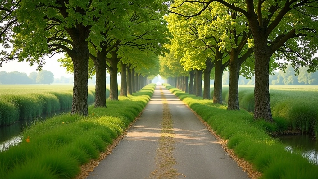 Fietspad met bomen langs water in polder