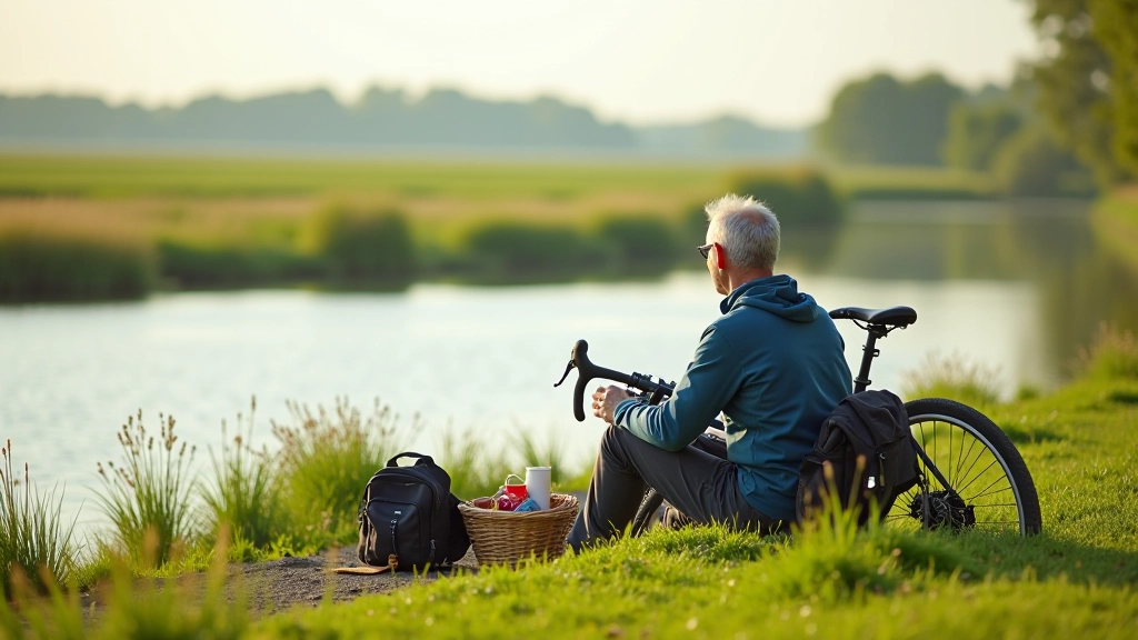 Fietser rust uit aan water met rugzak en picknickmand op groen polderland