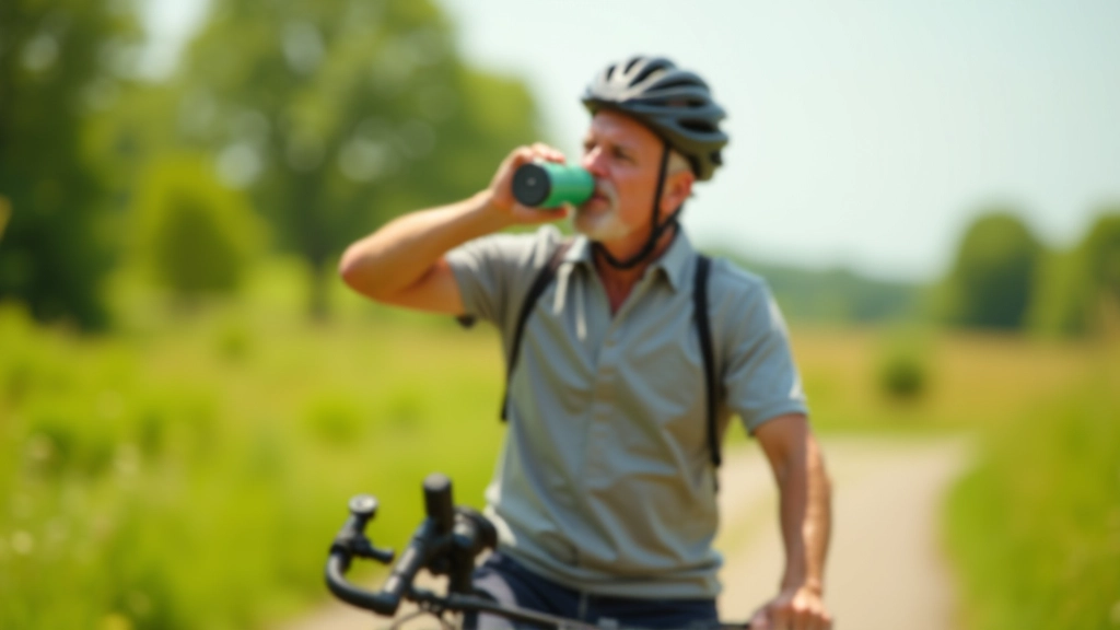Fietser drinkt water uit een drinkfles during een pauze op een dijk