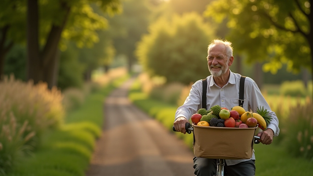 Fietser met rugzak vol provisions, fruit en drinkfles op stuur