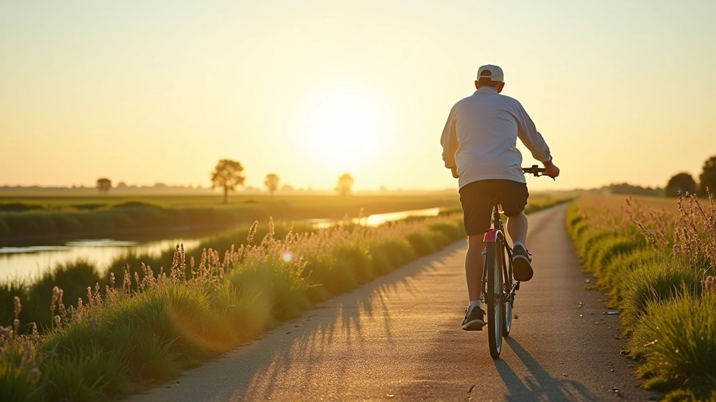 Fietser op zonnige dijk met uitzicht op polderlandschap
