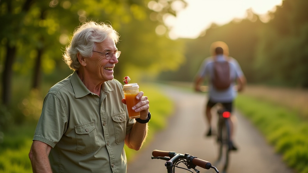 Fietser rust uit met drankje en snack op een polderdijk in Waterland
