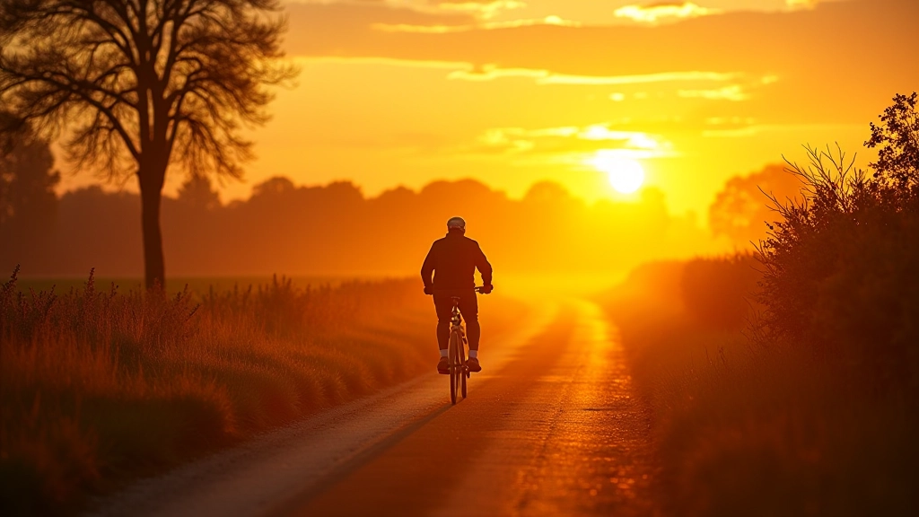 Gouden avondlicht op polderweg met fietser silhouet, rustige sfeer, lange schaduwen