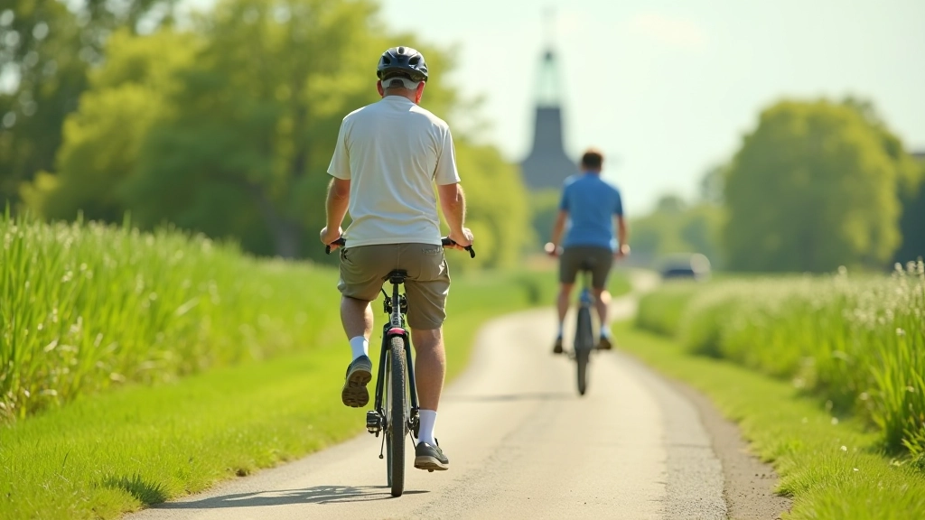 Oudere fietser op een rustige polderdijk in Waterland, zonnig weer, groene weilanden op de achtergrond