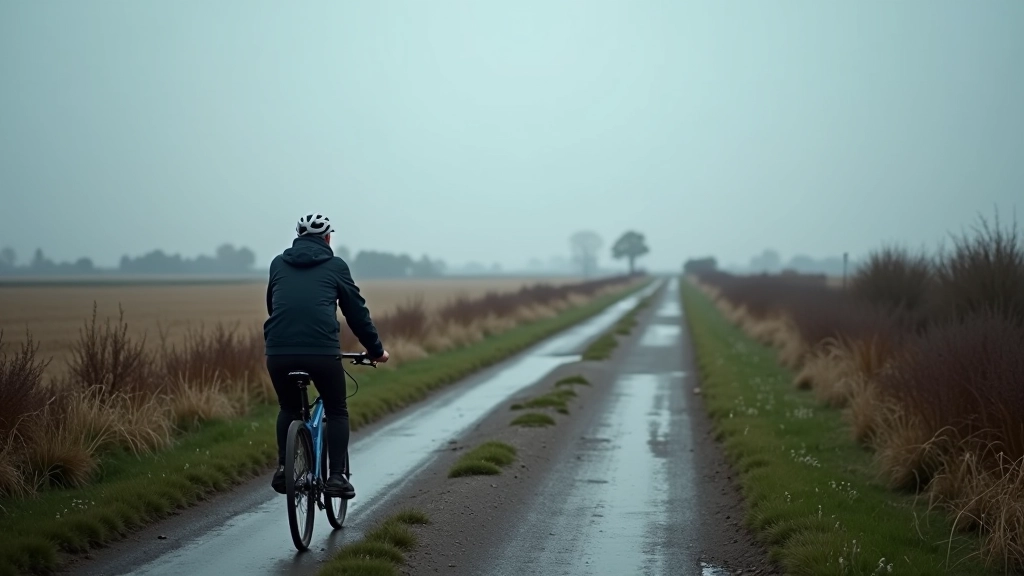 Bewolkte lucht boven Waterland, fietser in regenjack op rustige dijk