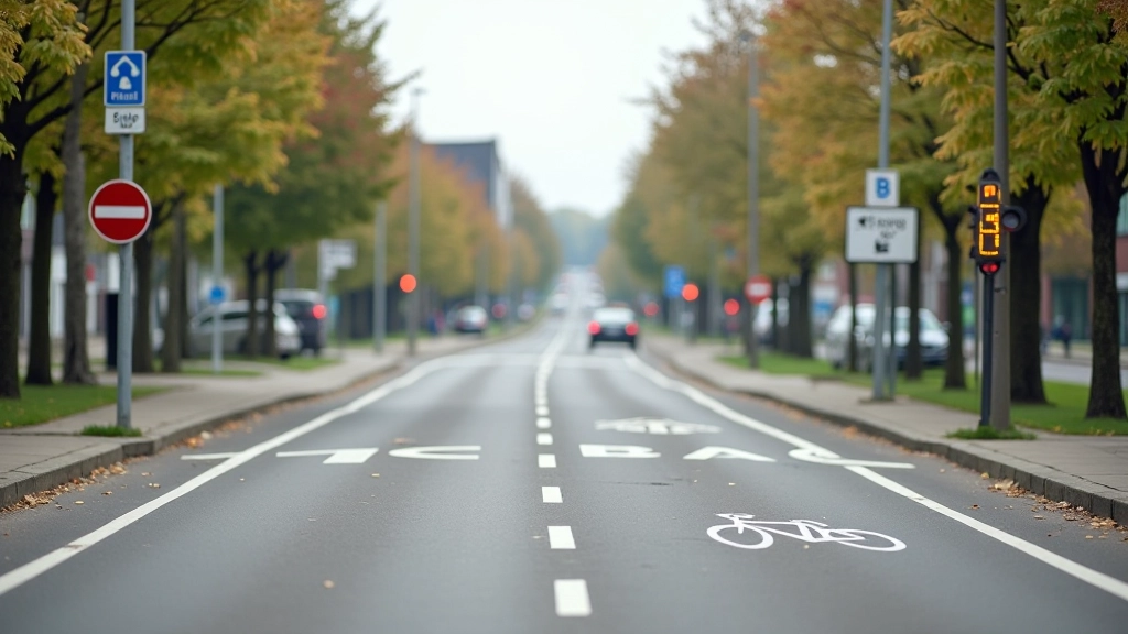 Bovenaanzicht van kruispunt met fietspad en autoweg, duidelijke wegmarkeringen
