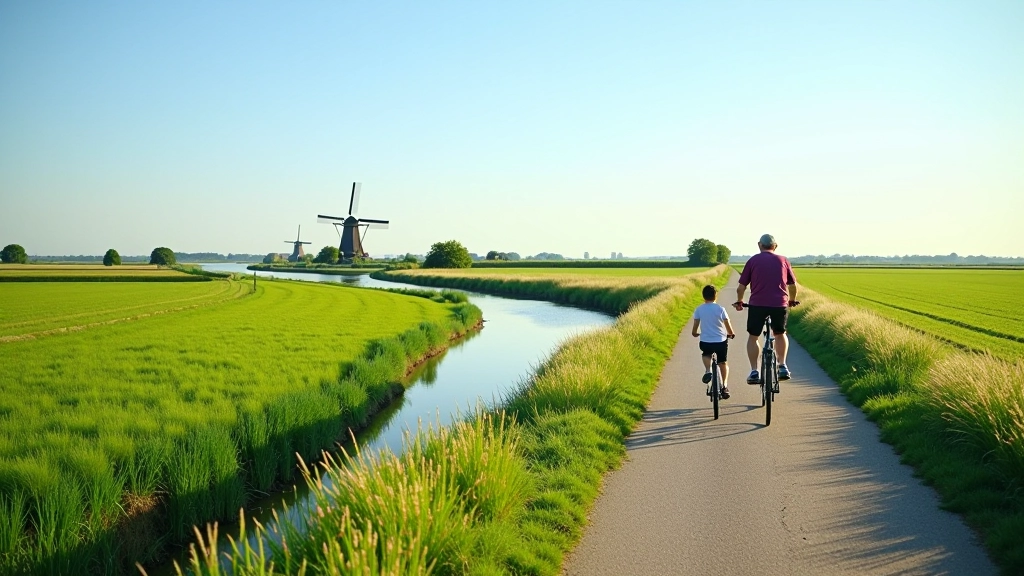 Mooi polderpad met traditionele Nederlandse windmolen op de achtergrond