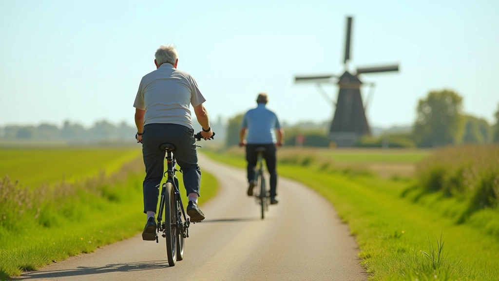 Groep gepensioneerden fietst langs een kanaal in Waterland met groene weiden en molens op de achtergrond