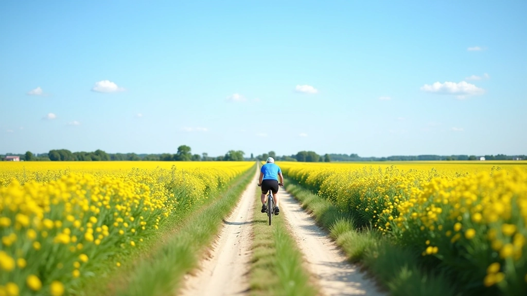 Zomerse Waterland-route met blauwe lucht, bloeiende velden en fietsers op dijken